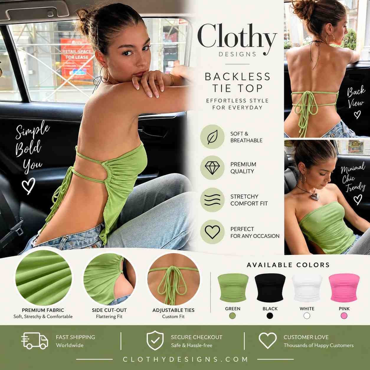 Women's Y2K Strapless Backless Crop Top – Green Sleeveless Bandage Club & Party Top